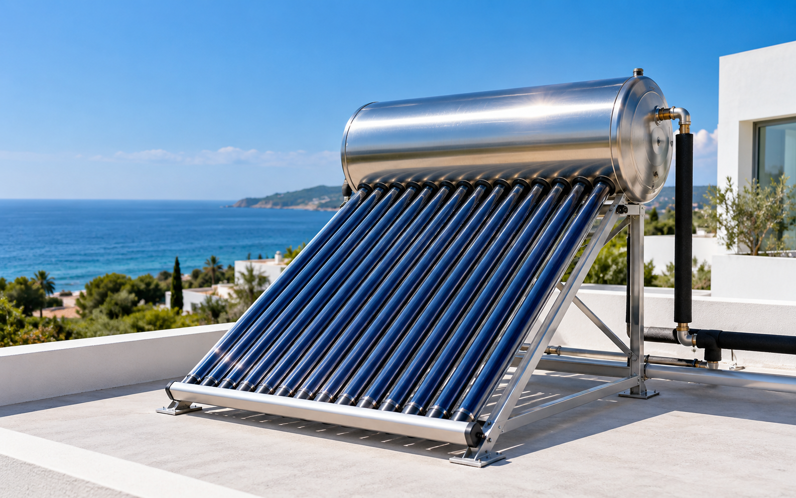 Stainless steel solar water heater with vacuum tubes on a rooftop overlooking the sea