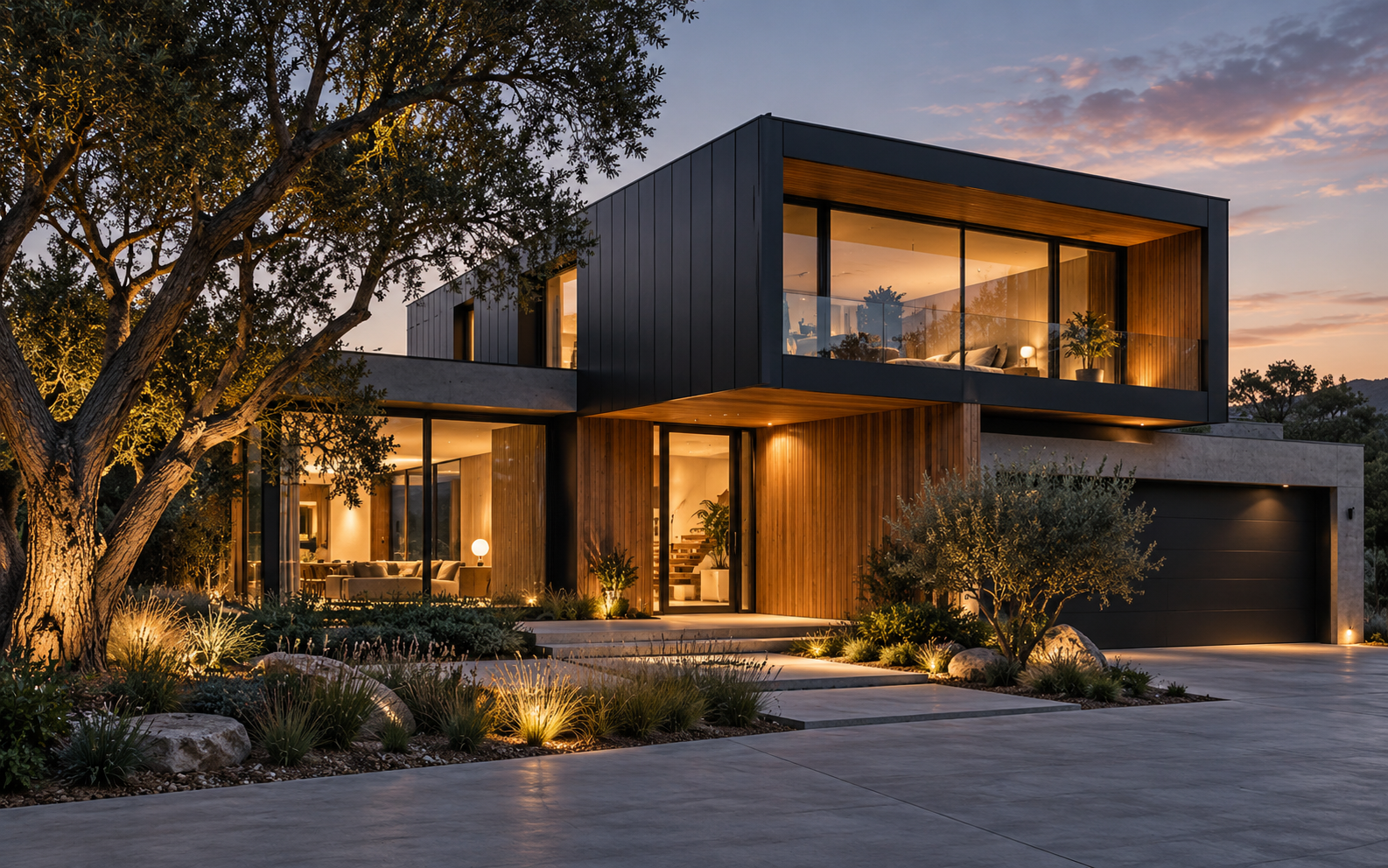 Modern two-story house with black cladding, warm wood panels and lit glass walls at dusk