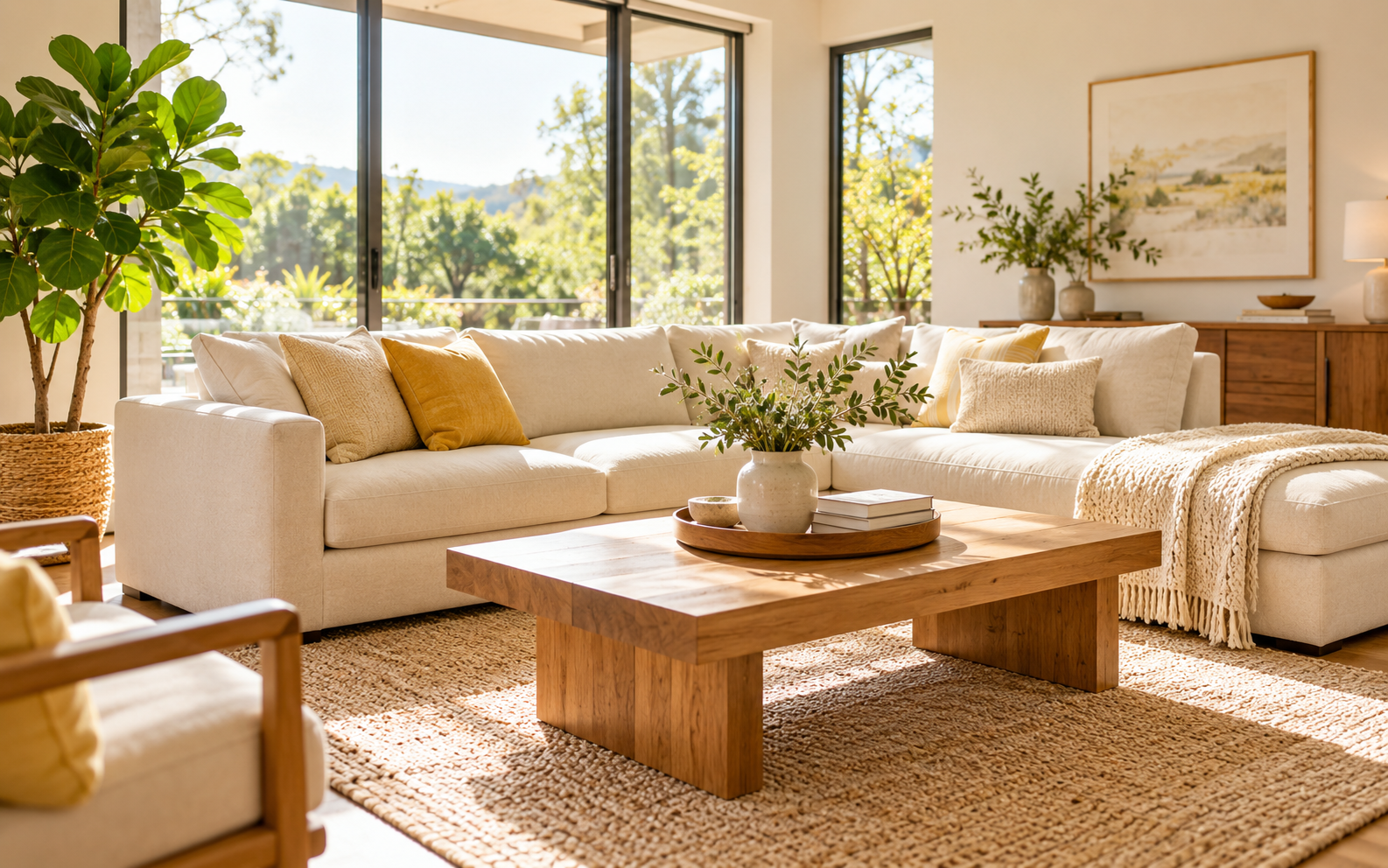 Clean, sunlit living room with a cream sectional sofa and a wooden coffee table