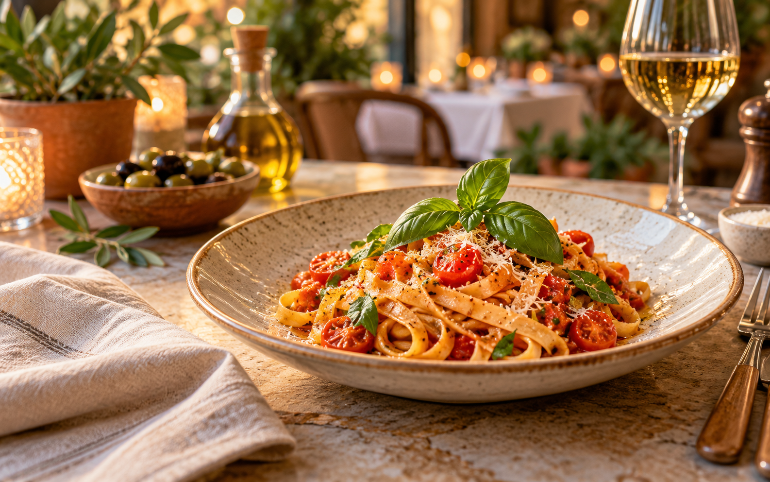 Plate of tagliatelle with cherry tomatoes and basil on a candlelit restaurant table
