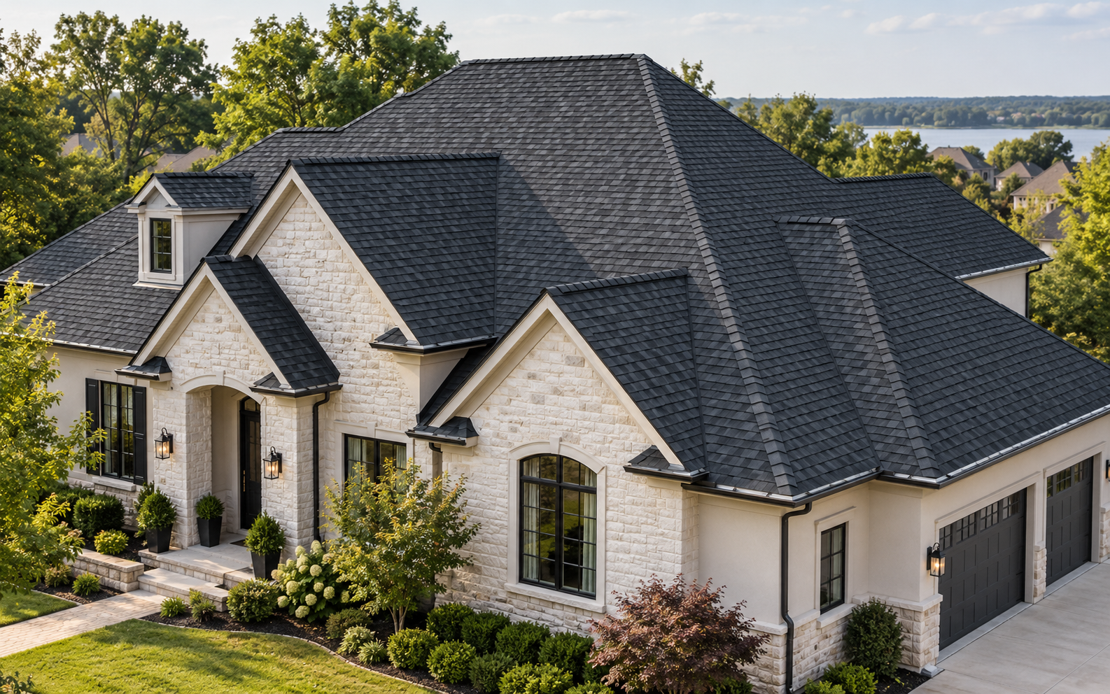 Stone house with a new dark shingle roof seen from above