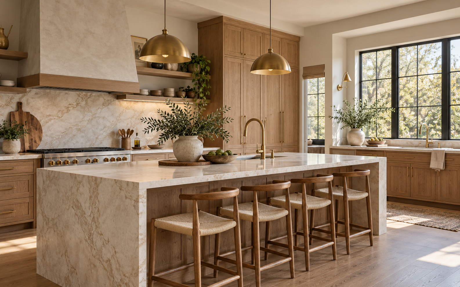 Bright remodeled kitchen with a marble waterfall island, oak cabinetry and brass pendant lights