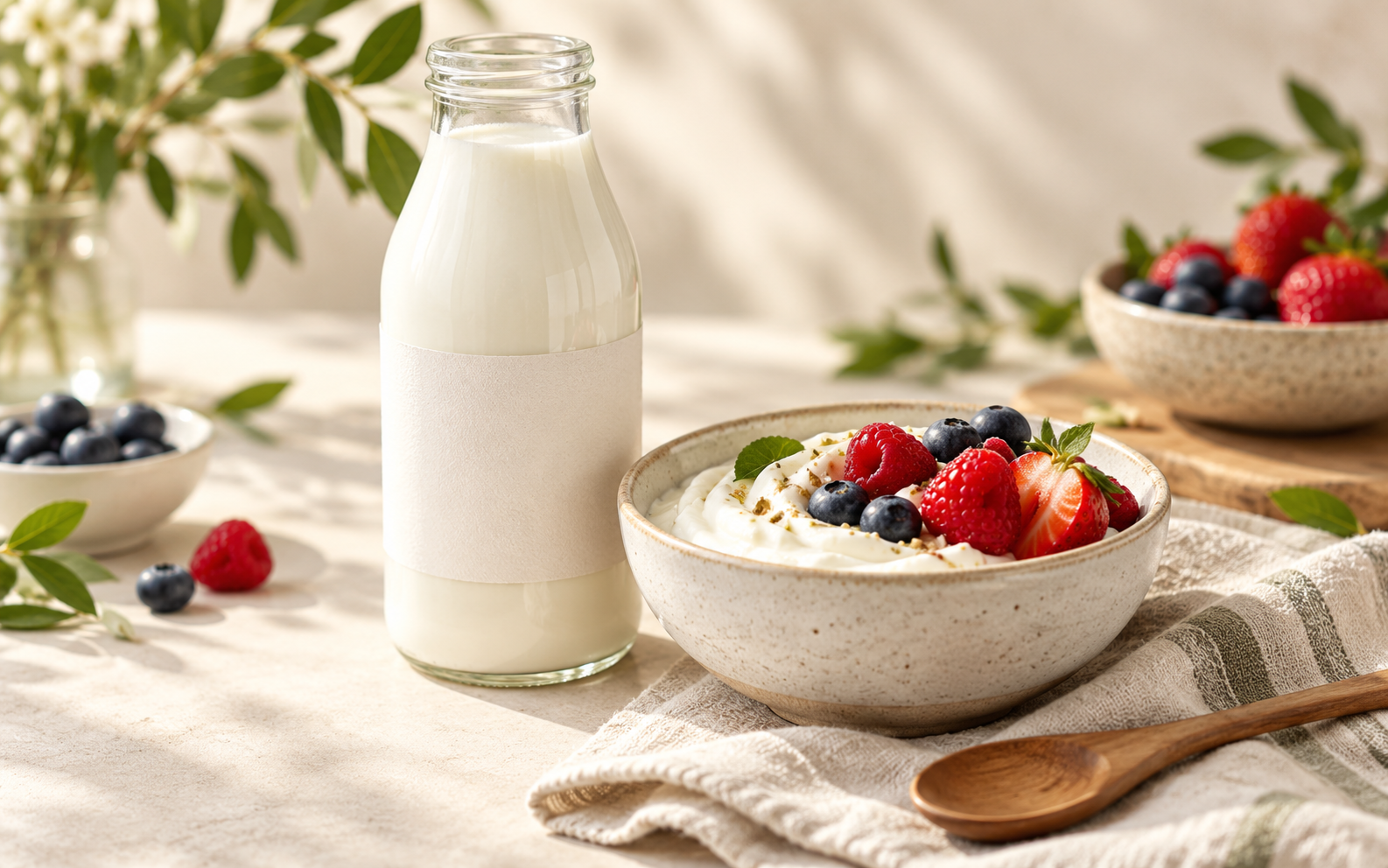Glass bottle of kefir beside a bowl of yogurt topped with fresh berries
