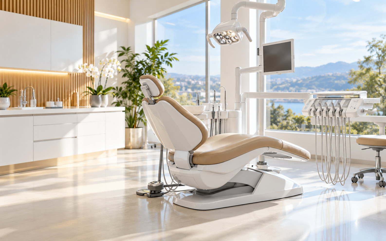 Bright modern dental office with a treatment chair and large windows overlooking the hills